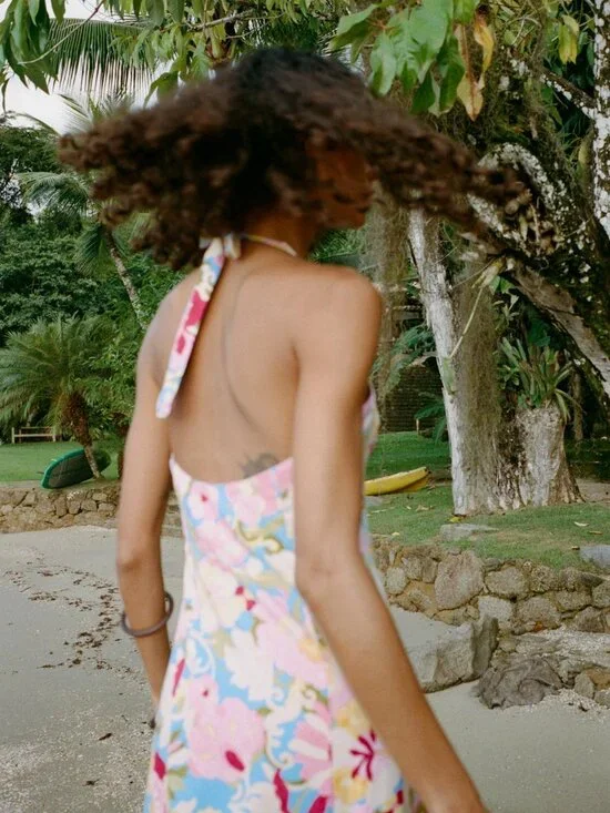 Zara Printed Linen Blend Midi Dress Halter Neck Floral Summer Beachy Size M - Picture 3 of 12